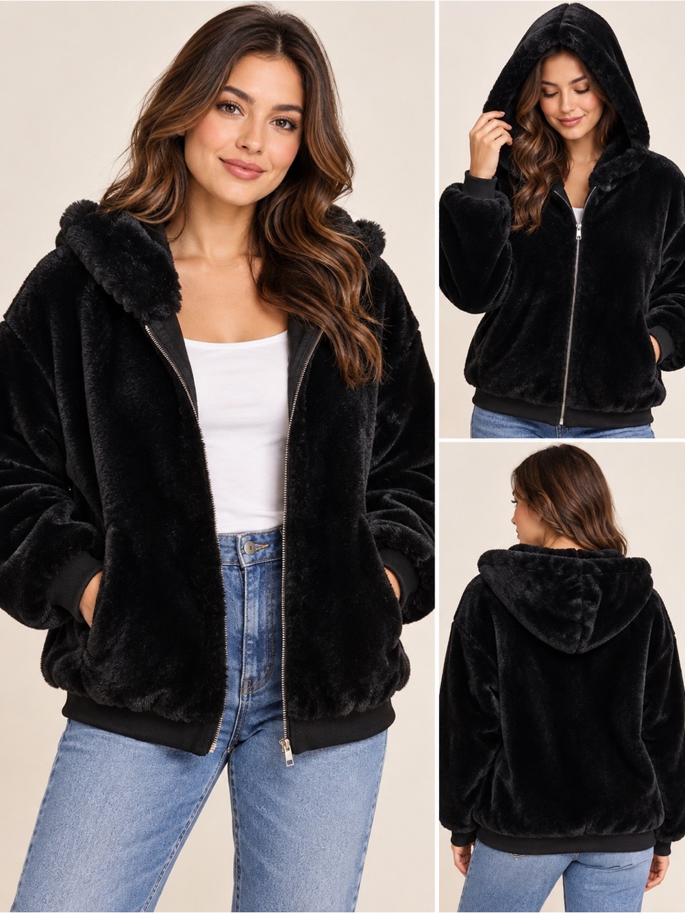 Topshop Black Faux Fur Hooded Bomber Jacket Zip UP Cozy Oversized M/L